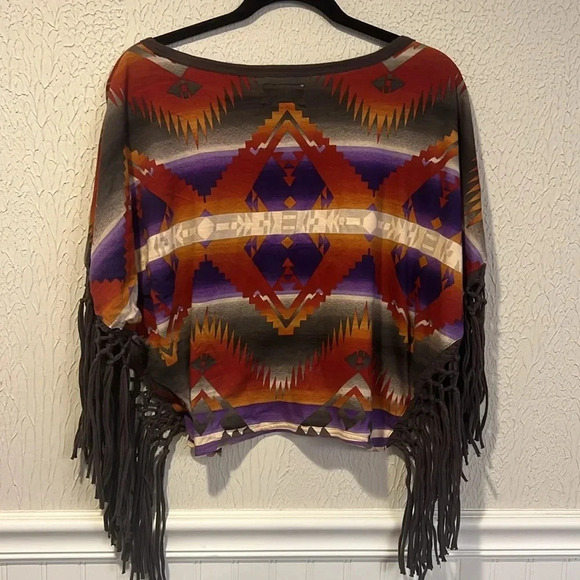 Denim & Supply Ralph Lauren Brown Purple Fringed South Western print top size XS - Picture 6 of 10